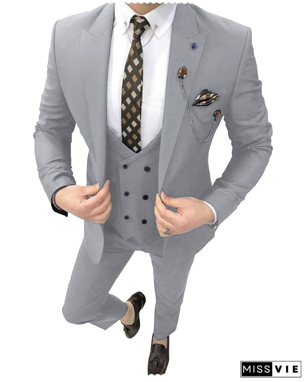 Formal 3 Piece Mens Suit Peak Lapel Blazer For Wedding (Blazer+vest+Pants)