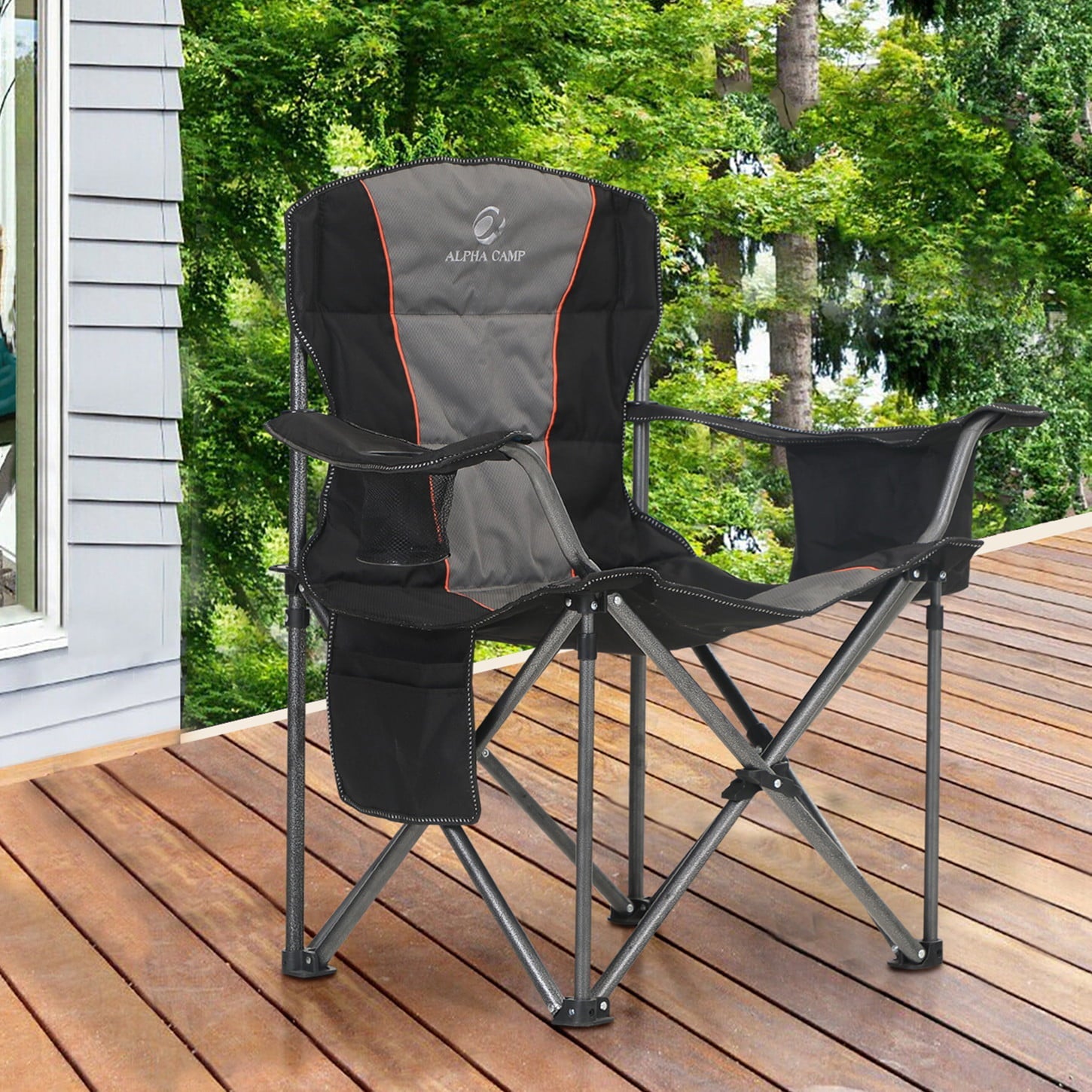 MF Studio Oversized Camping Folding Chair with Cooler Holder, Black and Gray