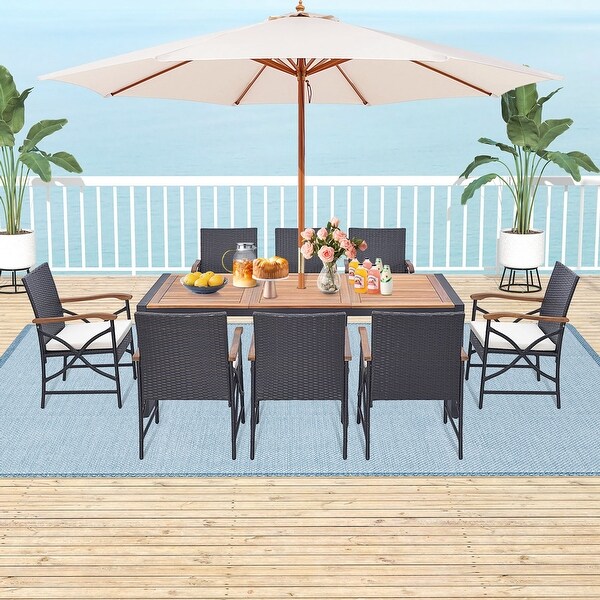 Costway 9 Pieces Patio Rattan Dining Set with Acacia Wood Table，1.9