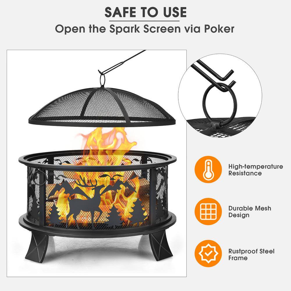 Costway 26 in. Outdoor Wood Burning Steel Fire Pit Firepit Bowl with Spark Screen Poker JV10211