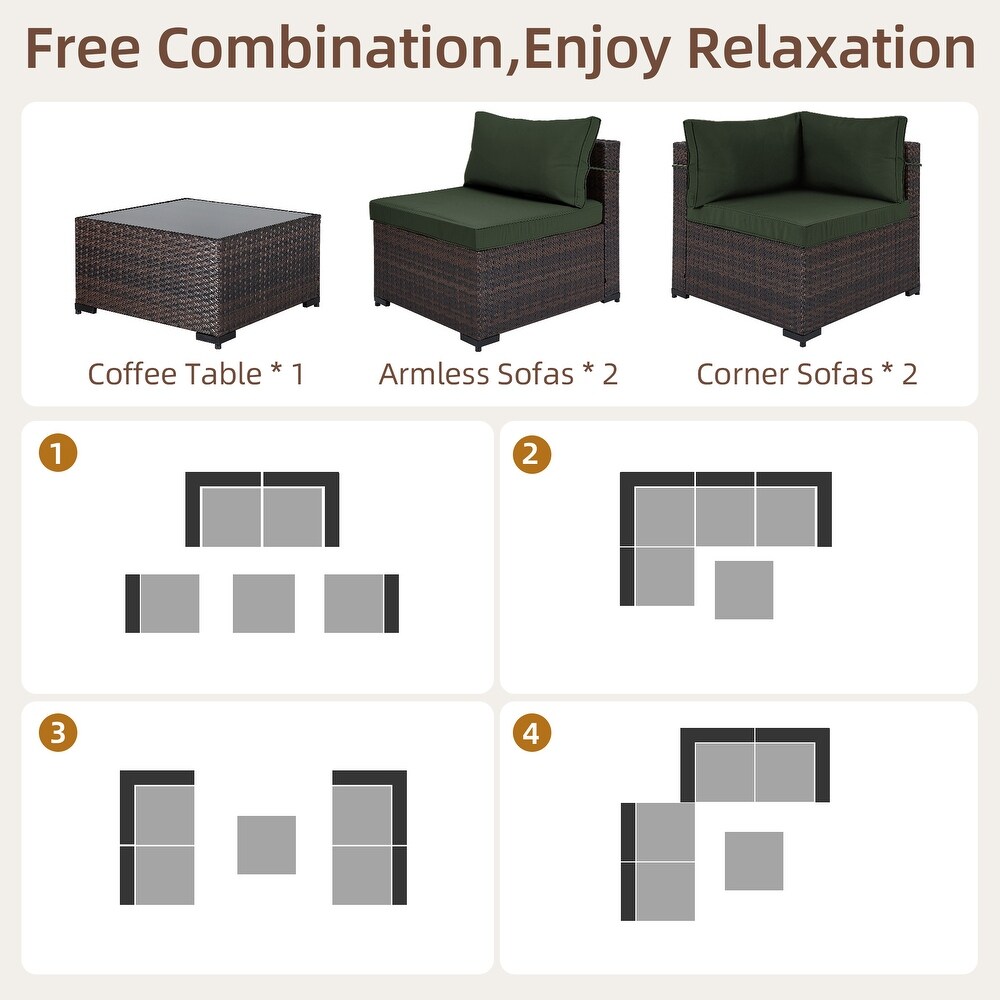 UPHA 5 piece Cushioned Wicker Patio Conversation Seating Set with Coffee Table