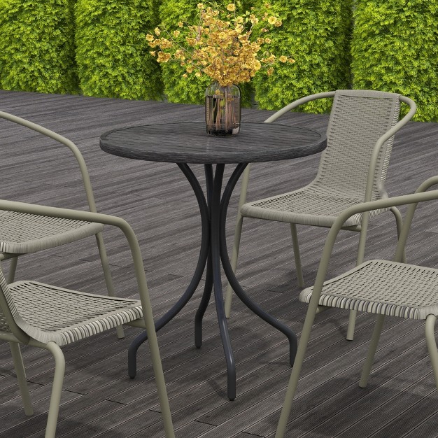 Round Patio Table With Steel Frame And Slat Tabletop For Garden Backyard Porch Balcony Distressed Gray