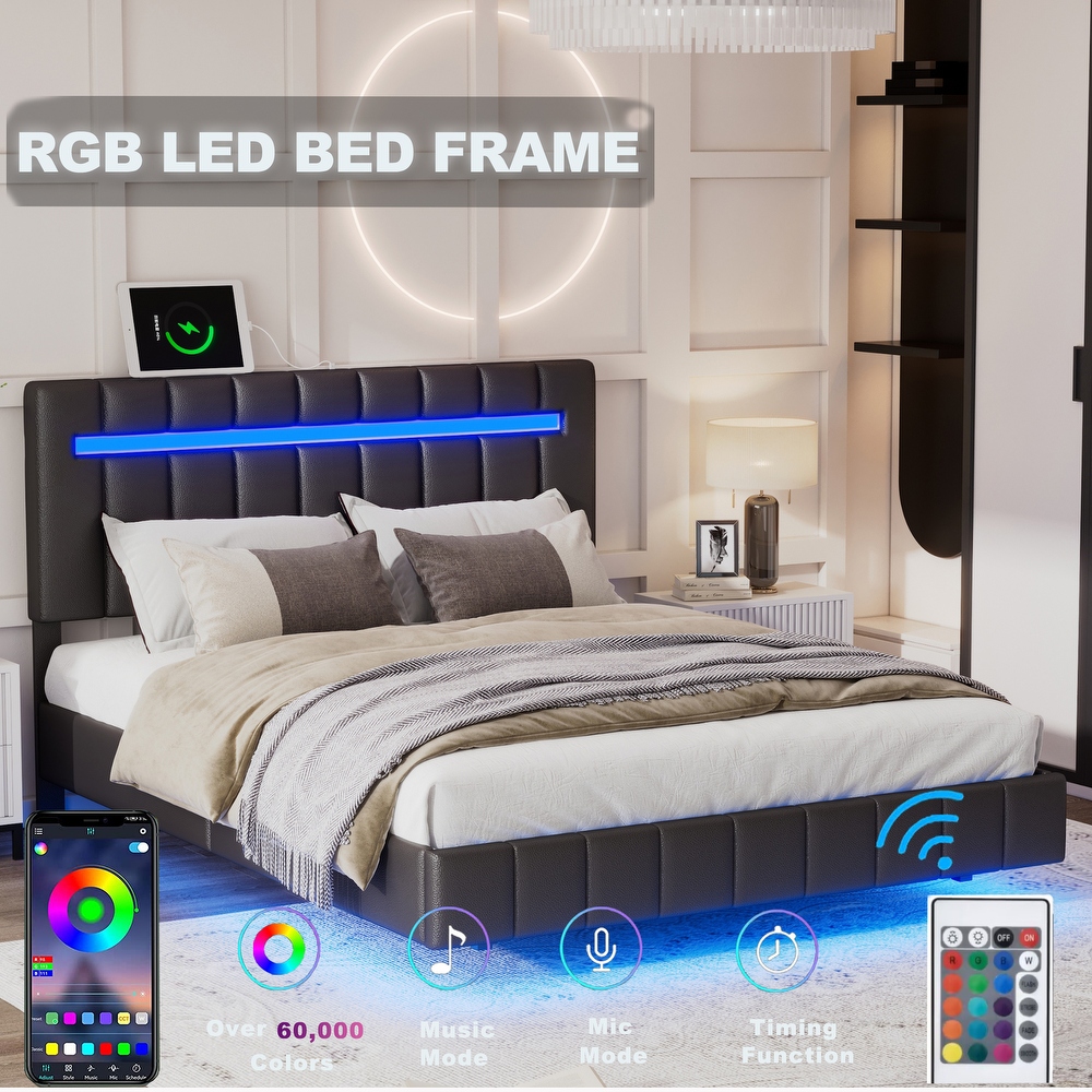 Floating Bed Frame w/ LED Lights Headboard Unique PU Upholstered Platform LED Bed Frame w/ USB Power Strips No Box Spring Needed