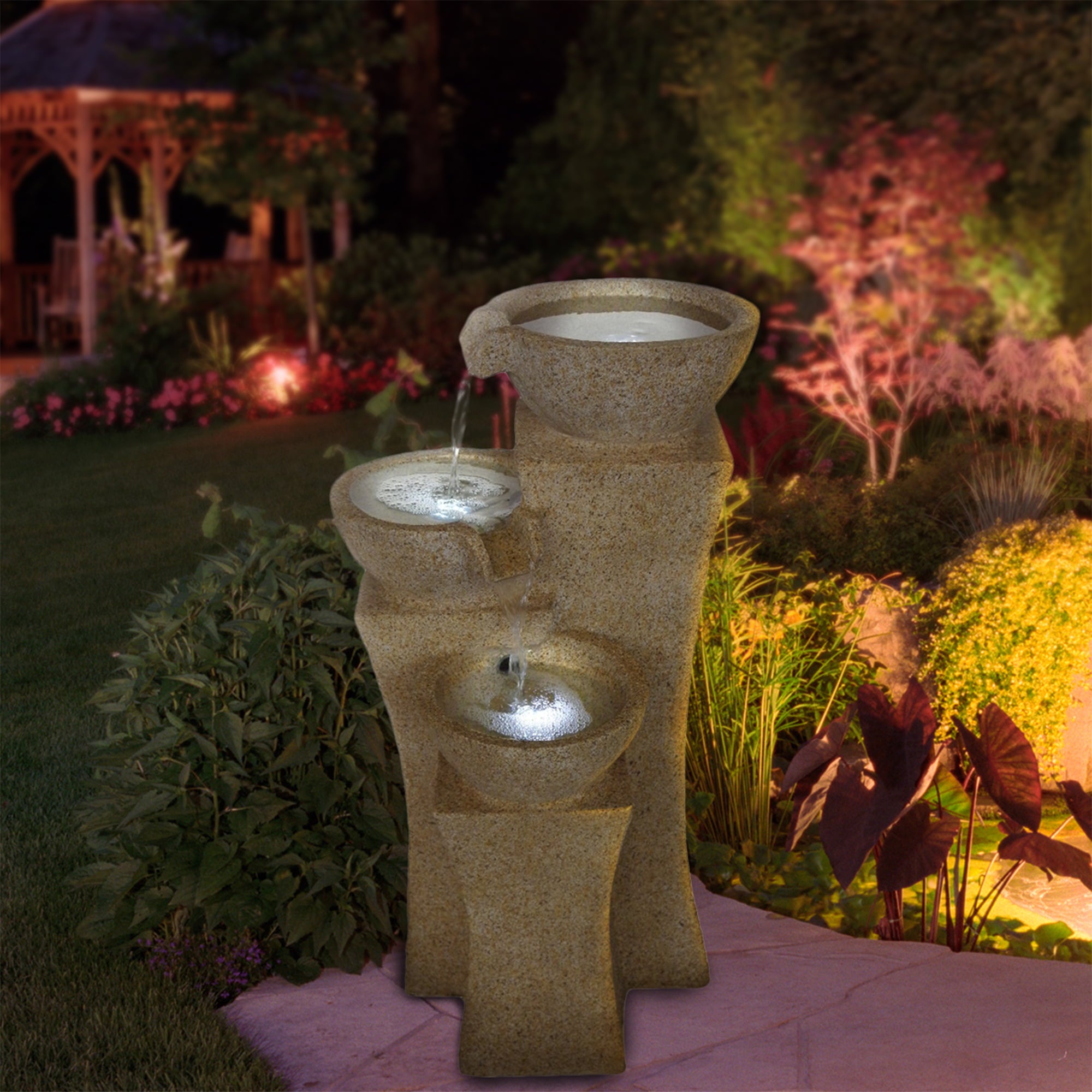 Pure Garden 3-Tier Cascading Pots Outdoor Fountain with LED Lights (Brown)