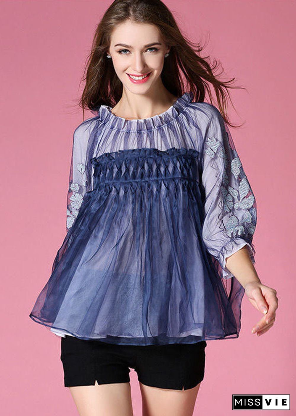 Casual Blue Embroideried Wrinkled Organza Blouses Half Sleeve