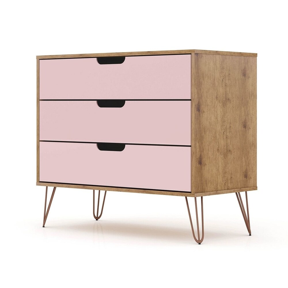 Mid Century Modern Dresser with 3 Drawers in Nature and Rose Pink