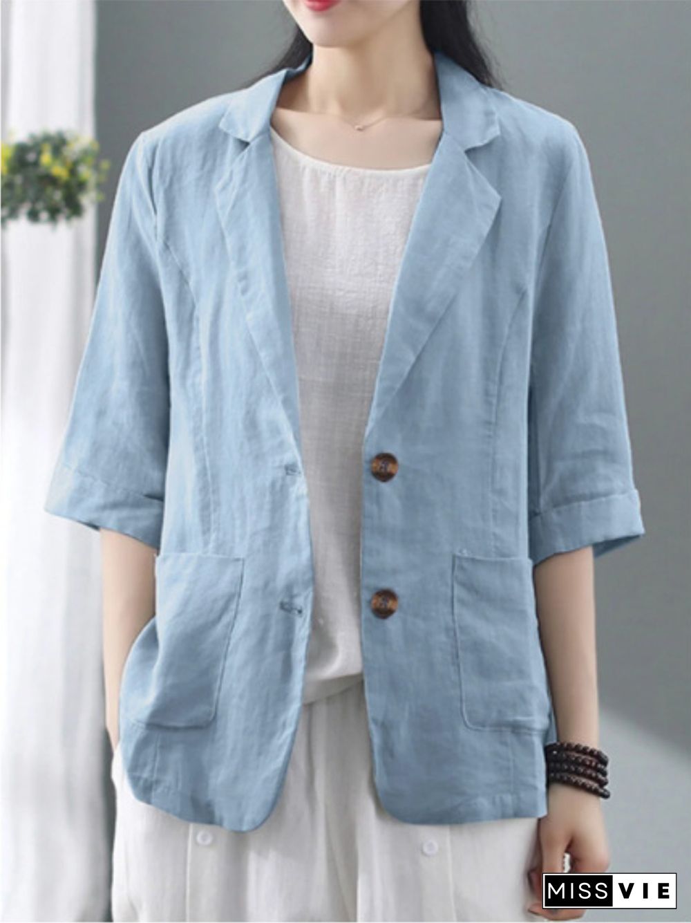 New Spring And Summer Solid Color Cotton And Linen Pocket Lapel Cropped Sleeve Jacket Suit Jacket Ladies Fashion Casual Cardigan