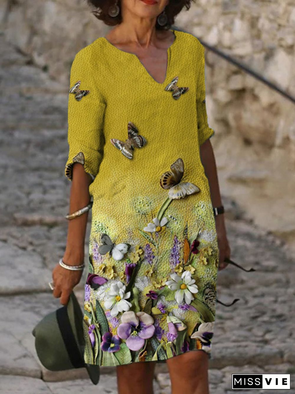 Butterfly Floral Print V-Neck Casual Midi Dress