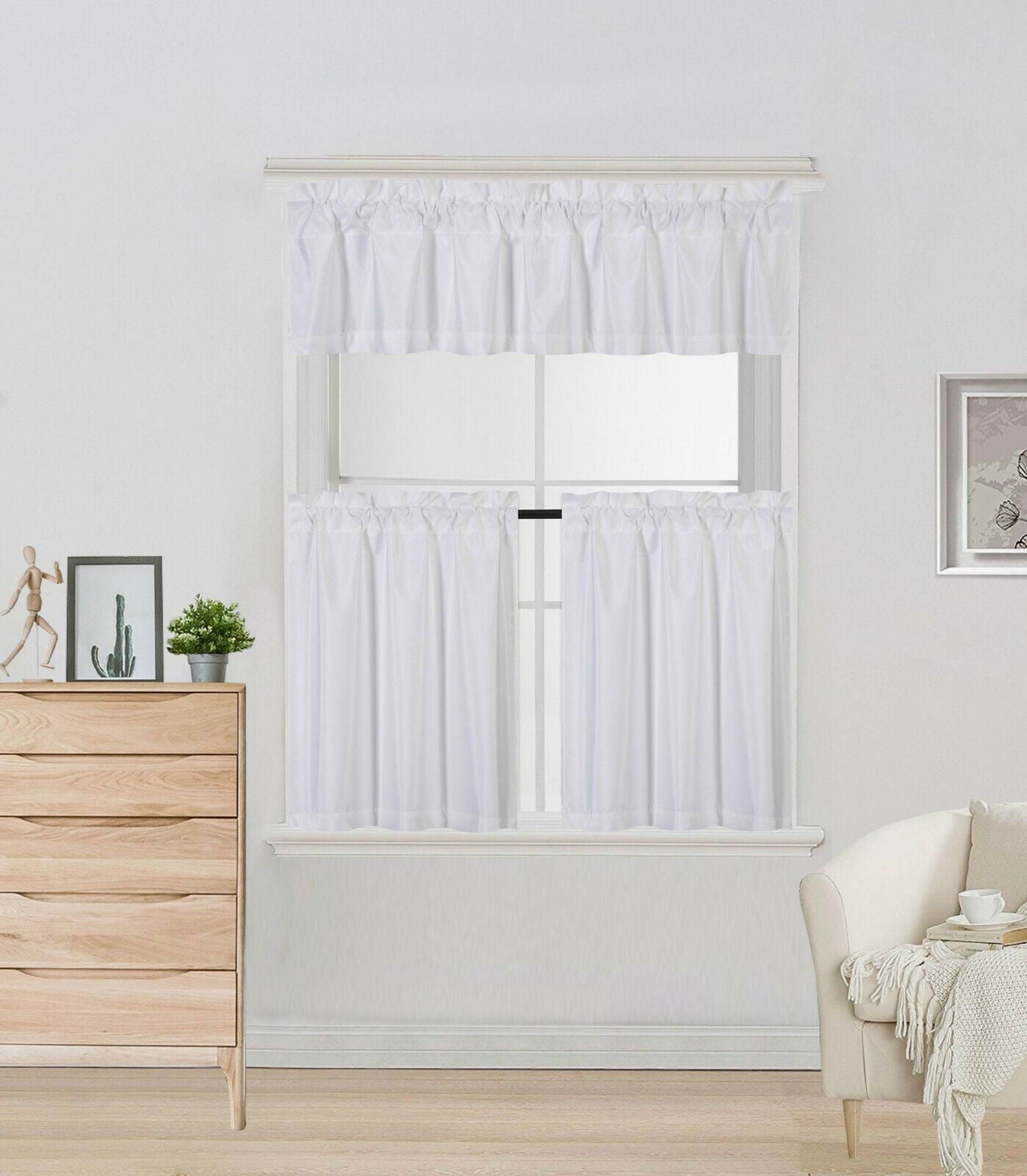 Luxury 3 piece Kitchen Curtain White Color K4 Includes 1 Valance and 2 Tiers with Rod Pocket Style blackout panels short window