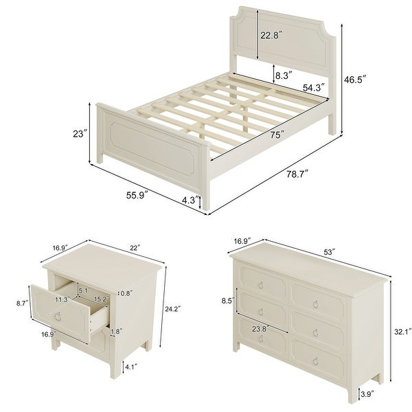 3 Pieces Bedroom Sets Milky White Full Size Platform Bed - - 37310582