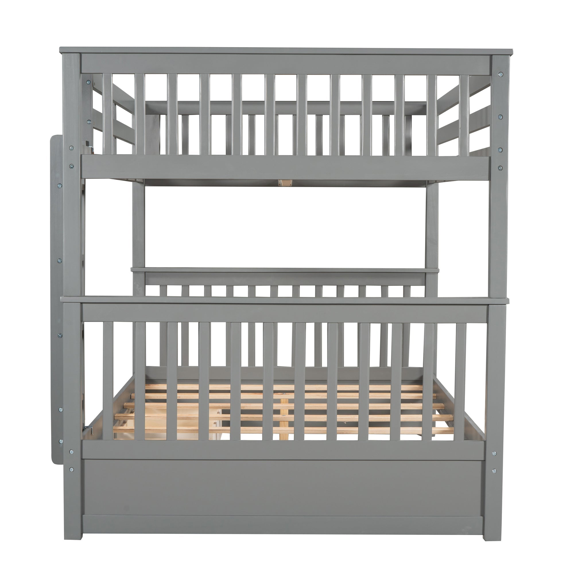 Wood Full Over Full Bunk Bed with Two Storage Drawers and Ladders for Kids Adults,Gray