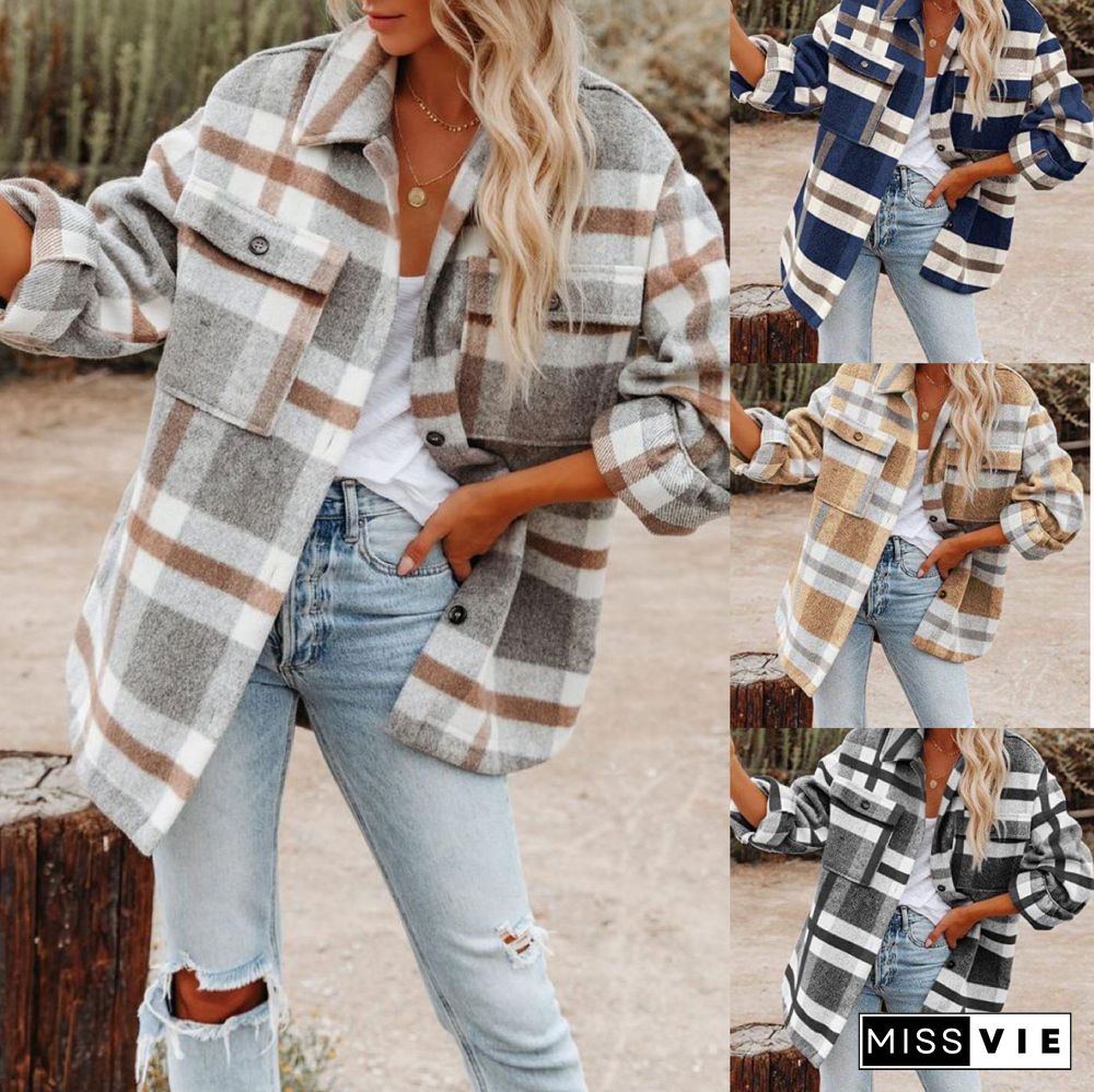 Autumn Winter Women's Clothing Popular Autumn Winter Long Sleeve Loose Plaid Shirt Wool Coat Women Jackets