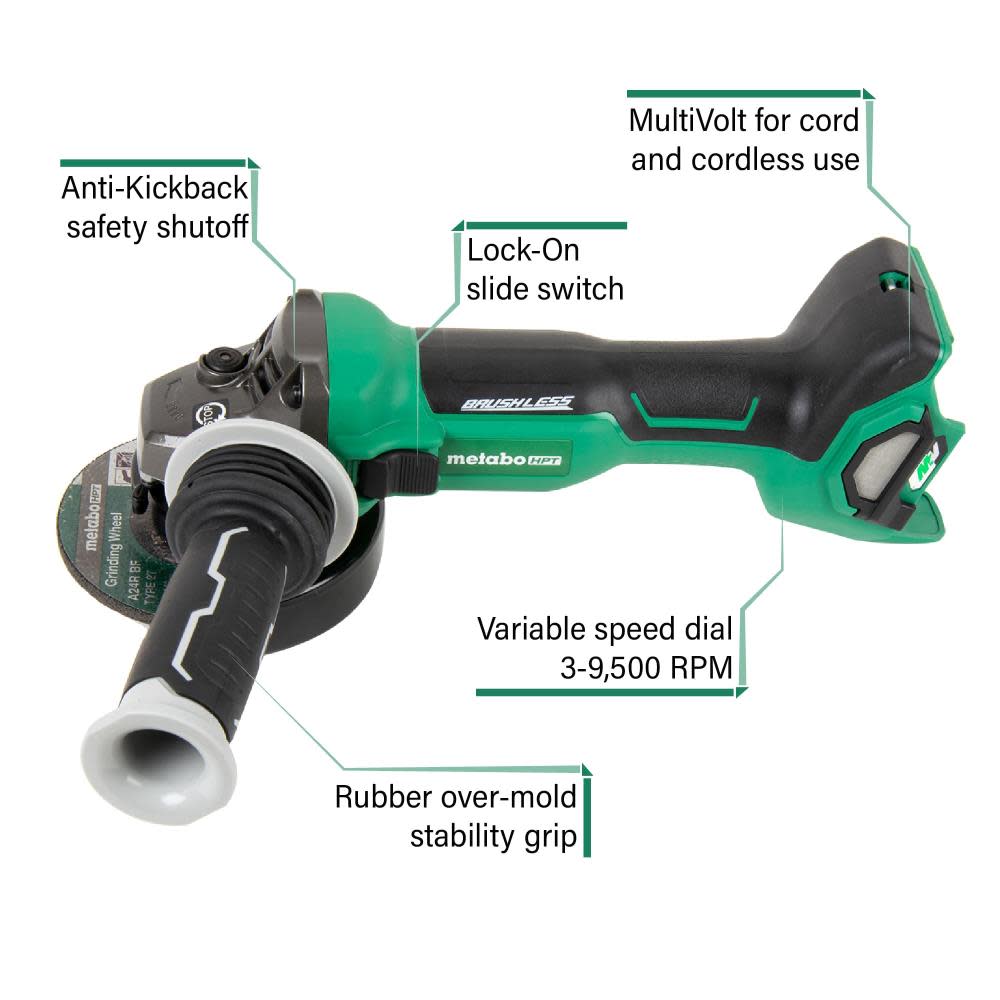 Metabo HPT Multivolt 36V Brushless 4 1/2 Grinder Slide Switch Bare Tool