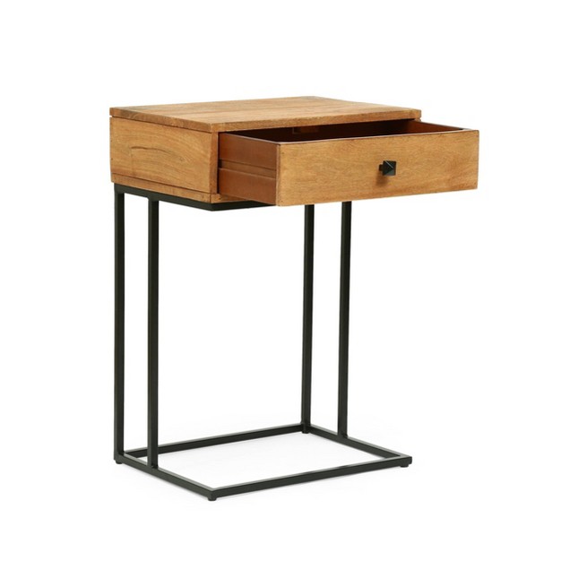 Gaudet Modern Industrial Handmade Mango Wood C Shaped Side Table With Drawer Natural black Christopher Knight Home