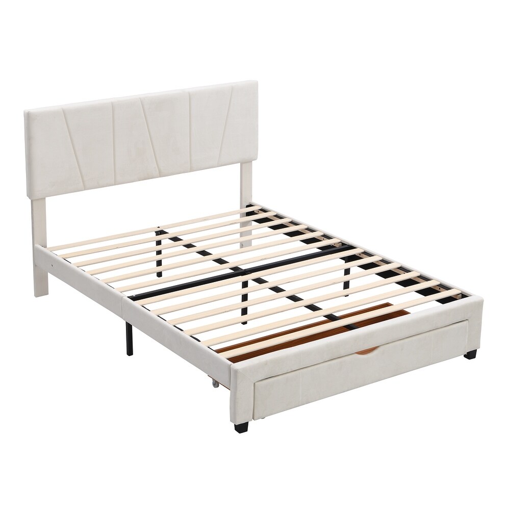 Modern Queen Size Upholstery Platform Bed with One Drawer