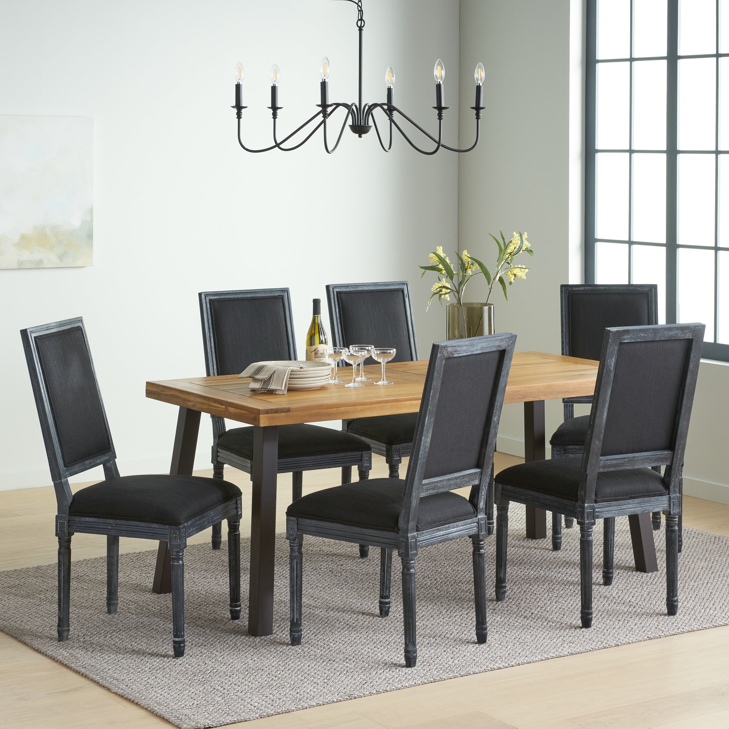 Tengren Farmhouse Fabric Upholstered Wood and Iron 7 Piece Dining Set