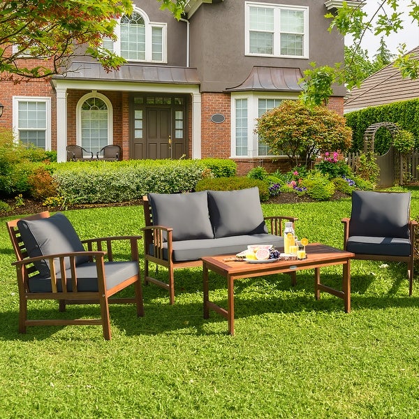 4 PCS Wooden Patio Furniture Set Outdoor Seating Chat Set - Overstock - 33305446