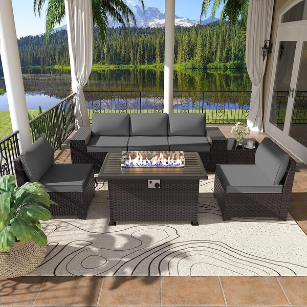 Kullavik 7 Pieces Rattan Outdoor Patio Furniture Sofa Set with Firepit