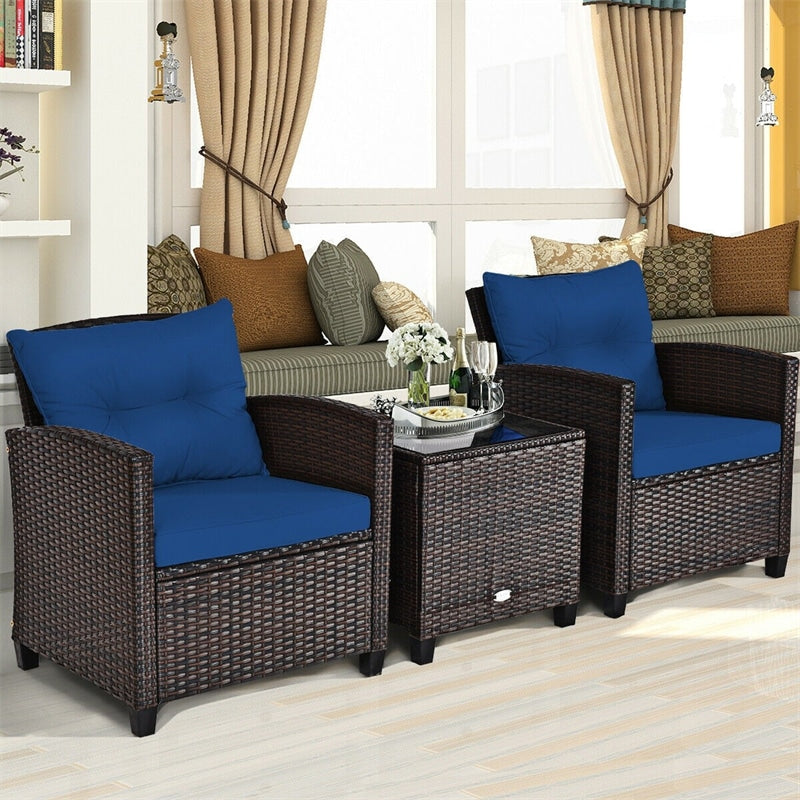 3 Pcs Rattan Patio Conversation Set Outdoor Wicker Sofa Set with Washable Cushions & Coffee Table