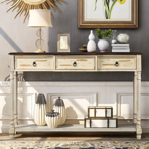 Farmhouse Distressed Beige 3-drawer Console Table