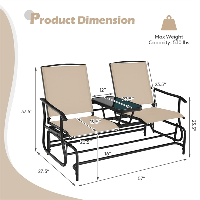 Outdoor 2-Person Rocking Loveseat Patio Bench Glider Chair with Center Tempered Glass Table