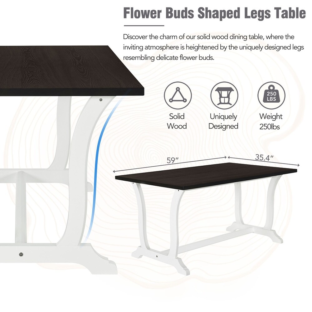 6 Piece Solid Wood Trestle Dining Table Set with 59inch Rectangular Table and 4 Linen Padded Backs Dining Chairs   Bench