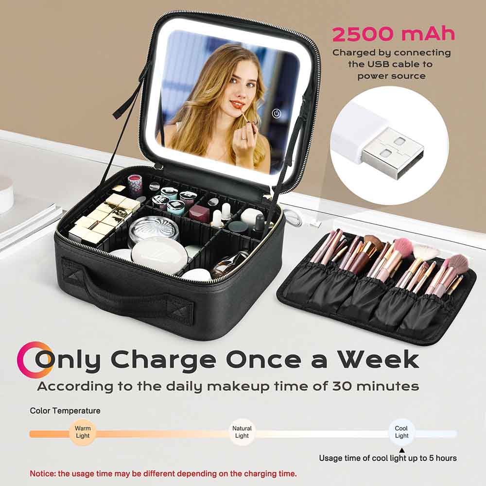 Yescom Small Lighted Makeup Case with Mirror Dividers Brush Holder