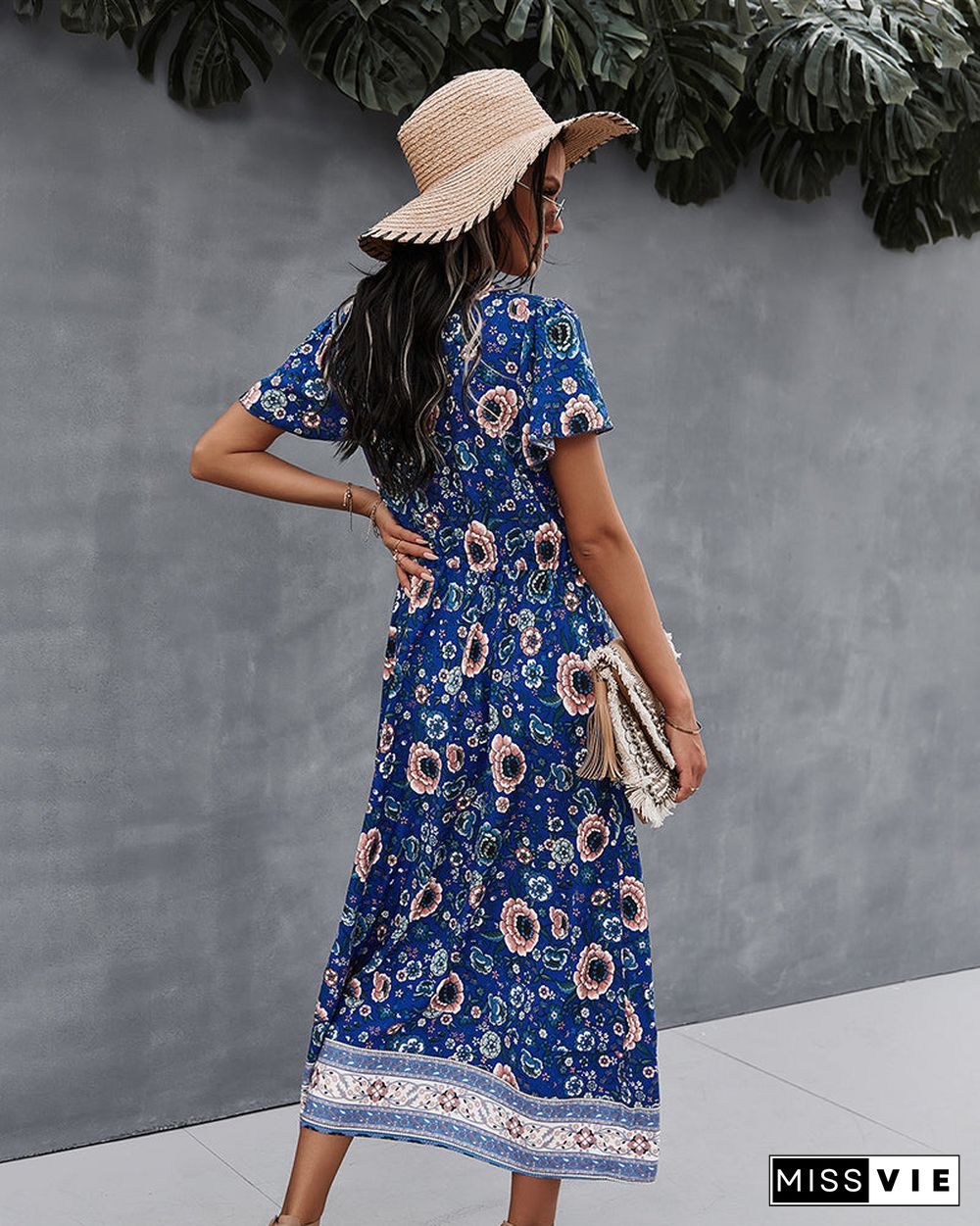 Side Split V Neck Floral Short Sleeve Maxi Dress