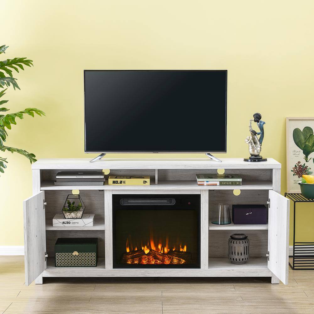 FESTIVO 64 in. Freestanding Electric Fireplace TV Stand in Saw Cut-Off White FFP20261