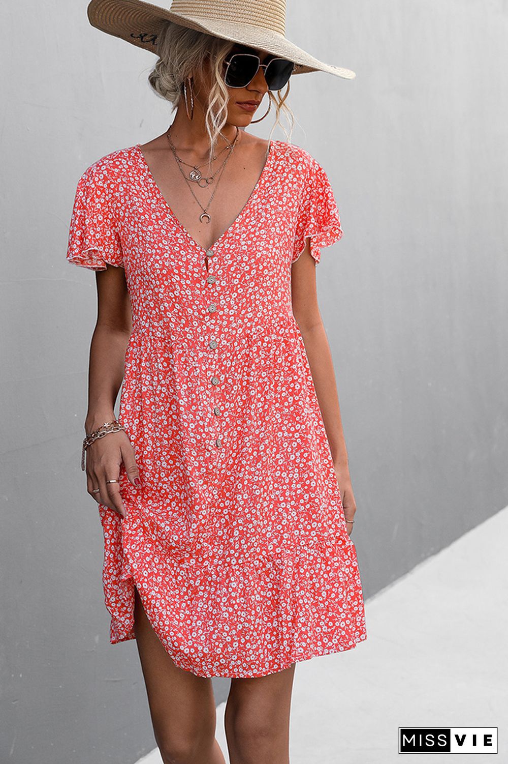 Ruffle Sleeves V Neck Floral Dress Wholesale