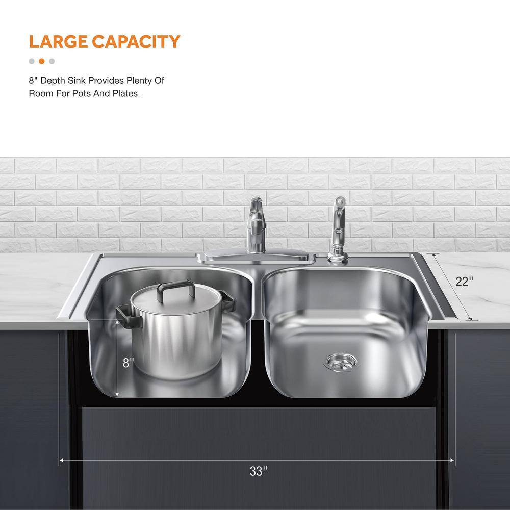 Glacier Bay 33 in. All-in-One Drop-In Stainless Steel 4-Hole Double Bowl Kitchen Sink with Faucet and Sprayer VT3322A08SHA1-2