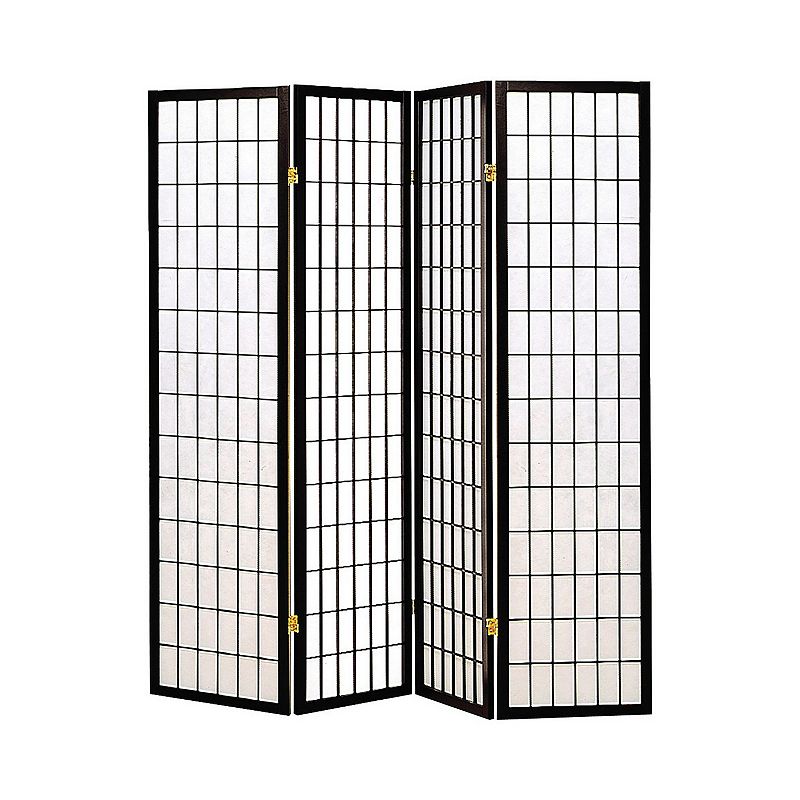 4 Panel Foldable Wooden Frame Room Divider with Grid Design， Black