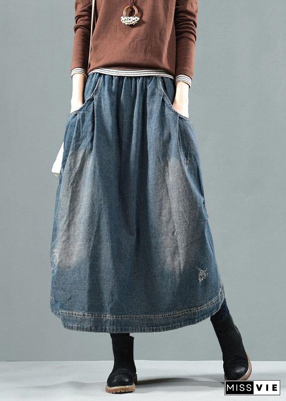 Blue-white flower Pockets Retro Patchwork Summer Skirts Denim