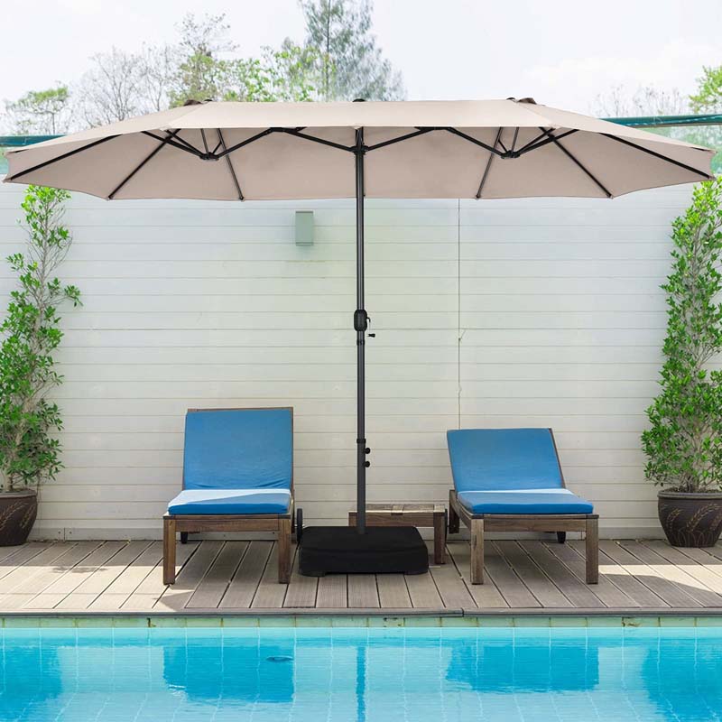 15FT Double-Sided Twin Patio Umbrella with Base & Crank System, Extra-Large Cantilever Market Umbrella