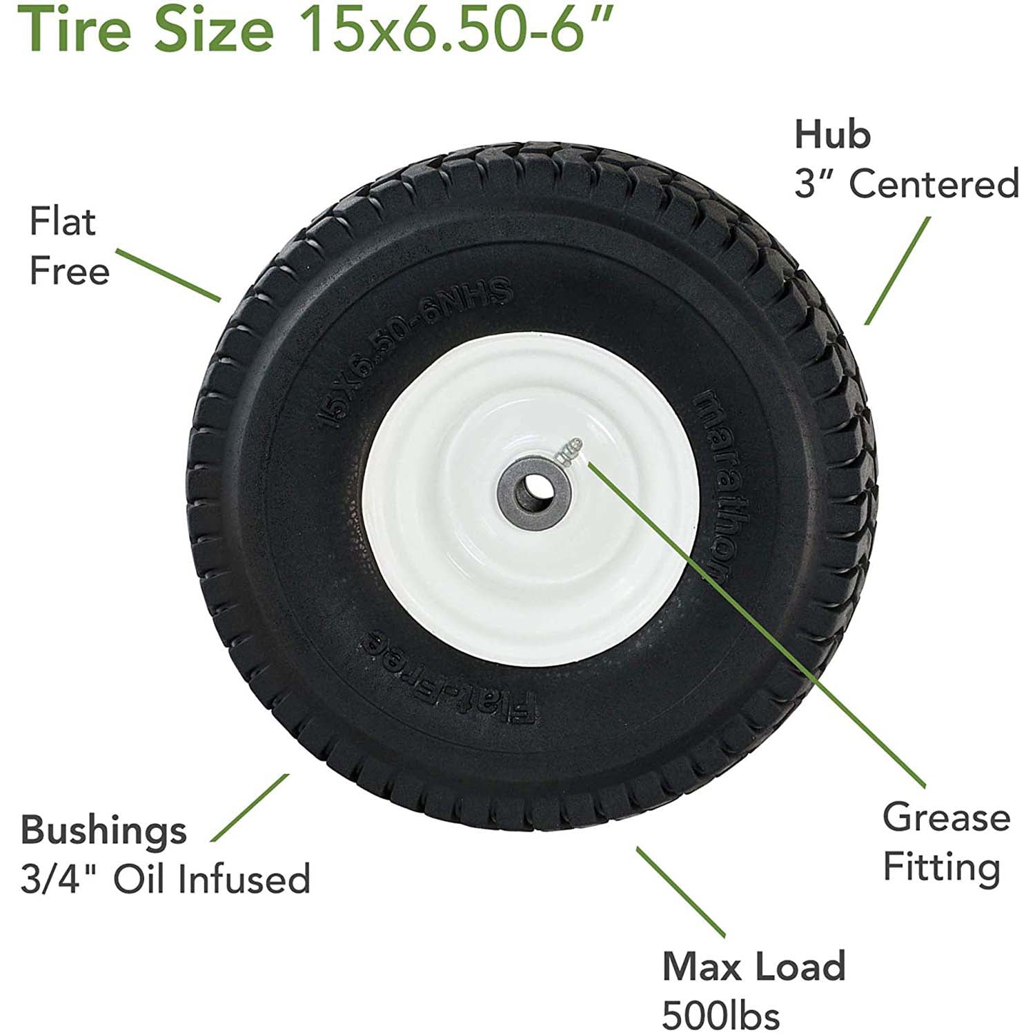 Marathon 30426 Flat Free Turf Lawn and Garden Tire on Rim 15x6.50-6