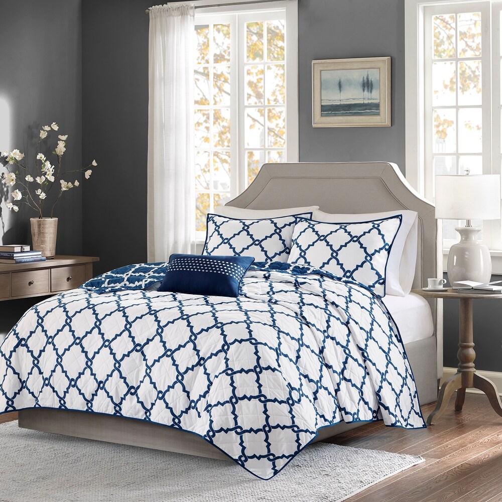 Madison Park Cole Navy 4 Piece Reversible Quilt Set with Throw Pillow