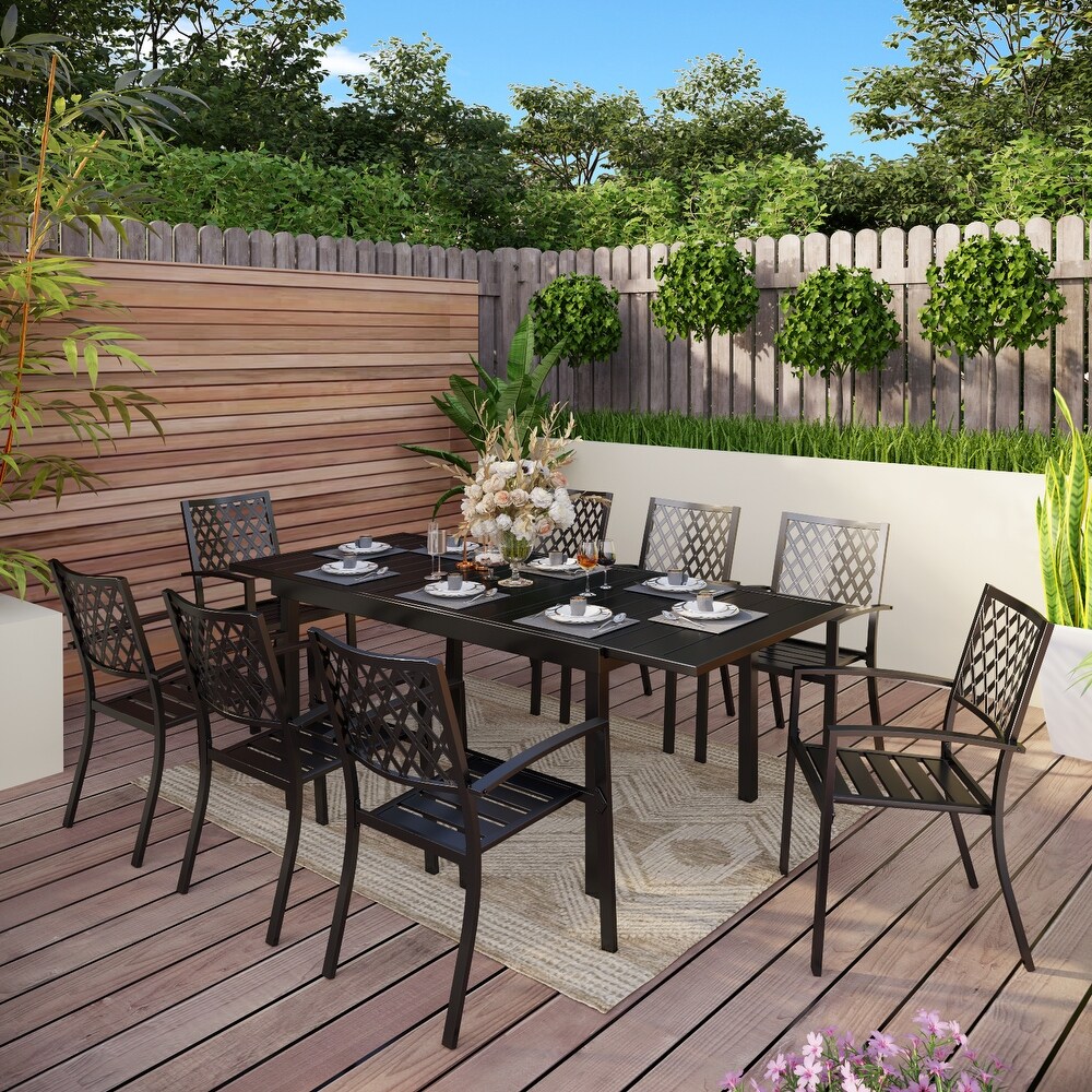 Seats up to 6/8 Outdoor Patio Dining Set  6/8 Metal Stackable Chairs  1 Rectangular Expandable Table