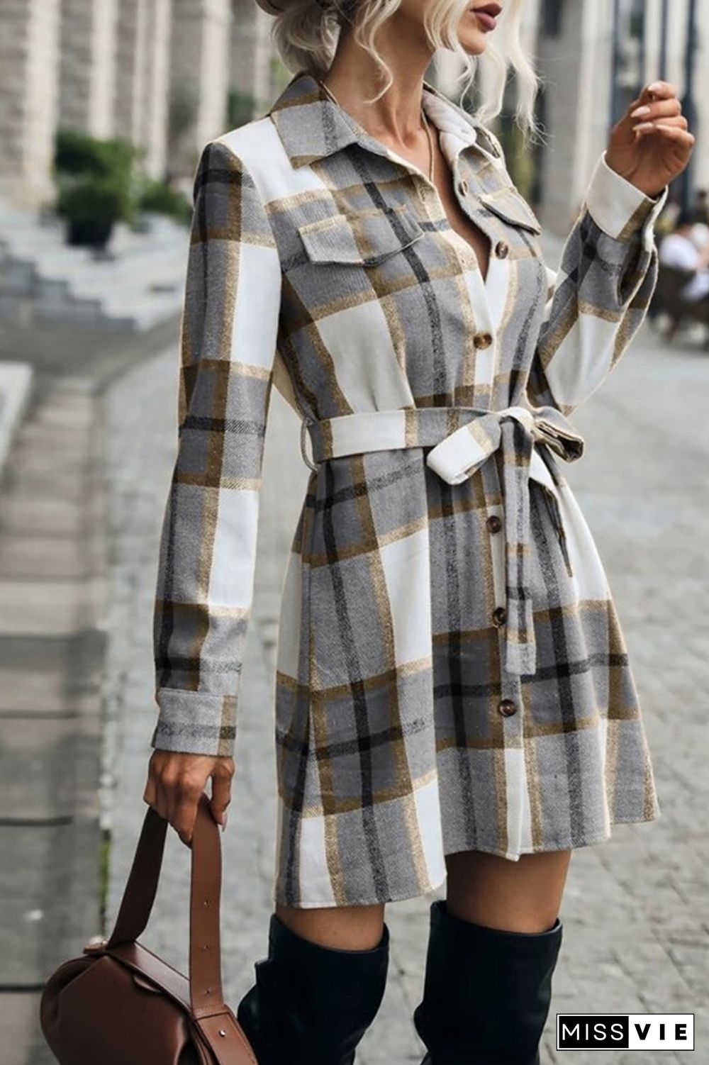 Open Button Plaid Long Jackets With Waist Belt Wholesale