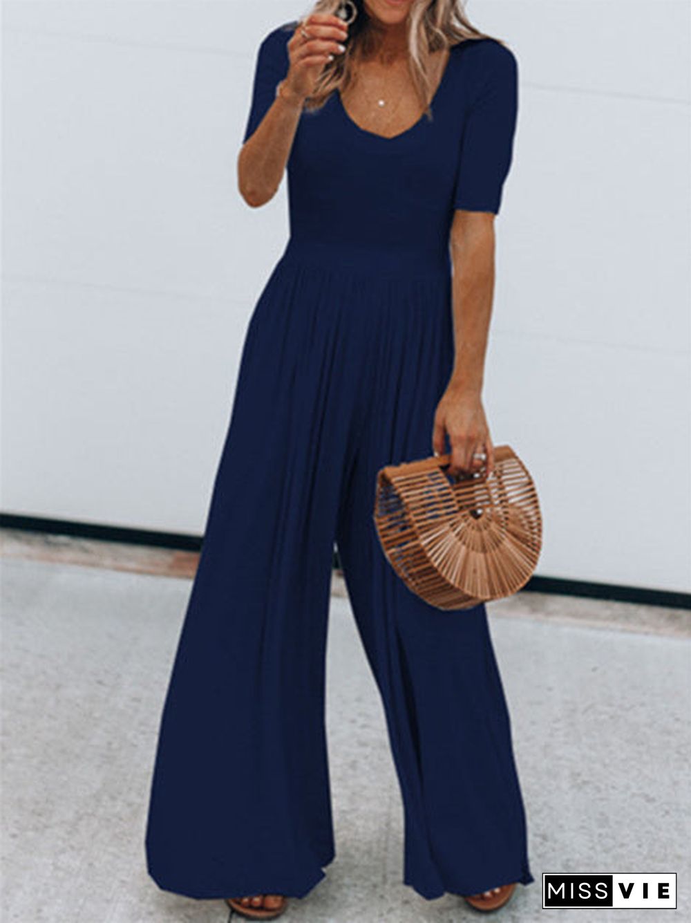 Women's Solid Color Short Sleeve Wide Leg Loose Jumpsuit