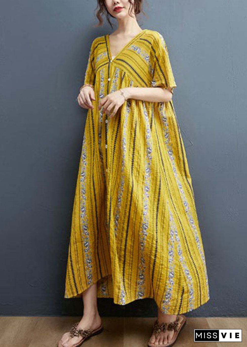 Bohemian Yellow V Neck Print Cotton Holiday Dress Short Sleeve