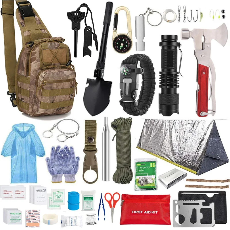 Outdoor Set Travel Camping Hiking Fishing Backpack Emergency Knife Hunting Suit Shovel Straw Ration Survival Kit