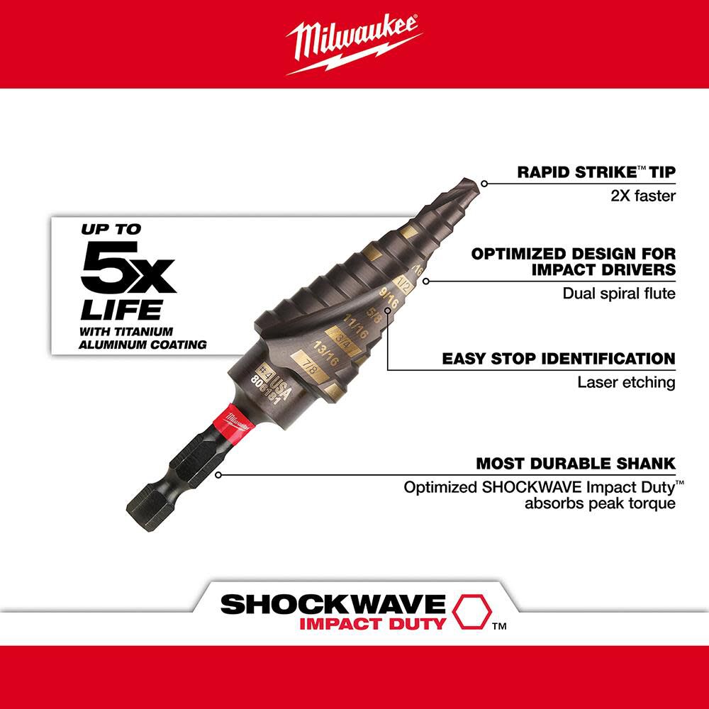 Milwaukee SHOCKWAVE Impact Duty Step Bit #4 3/16 - 7/8 in. 48-89-9244 from Milwaukee