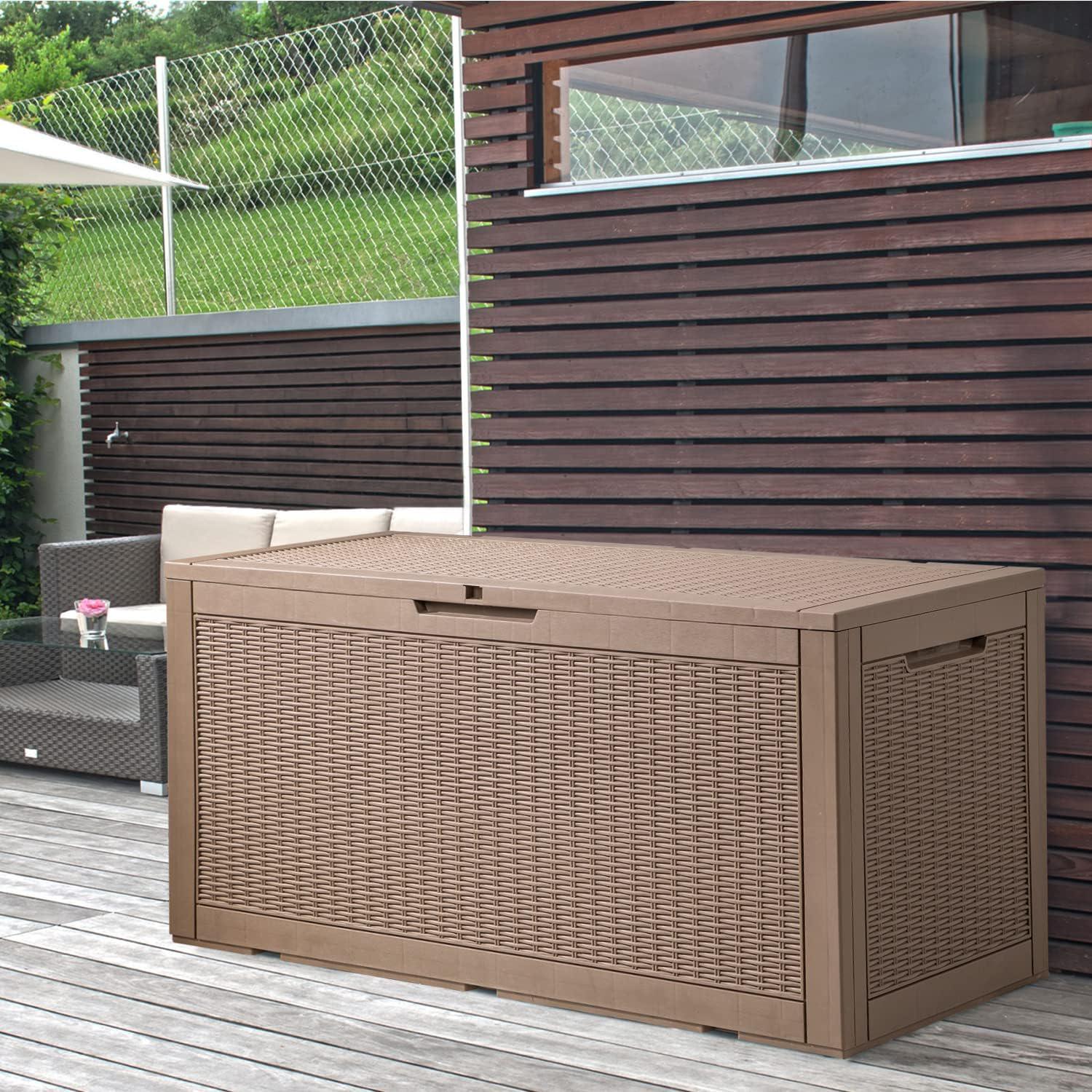 Flamaker 100 Gallon Large Deck Box Waterproof Resin Outdoor Storage for Patio Furniture, Garden Tools, Pool Accessories and Toys (Brown)