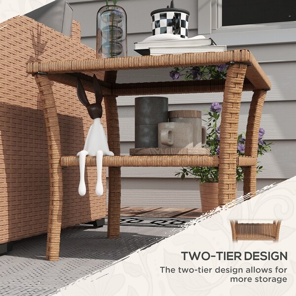 Rattan Side Table，Outdoor End Table with Storage Shelf，Aluminum Frame Square，Coffee Table with Tempered Glass Top