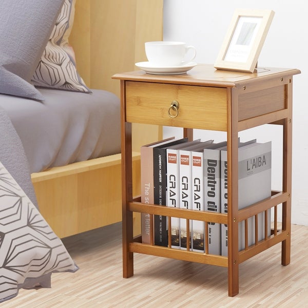 Bamboo End Side Table Nightstand with 1 Drawer