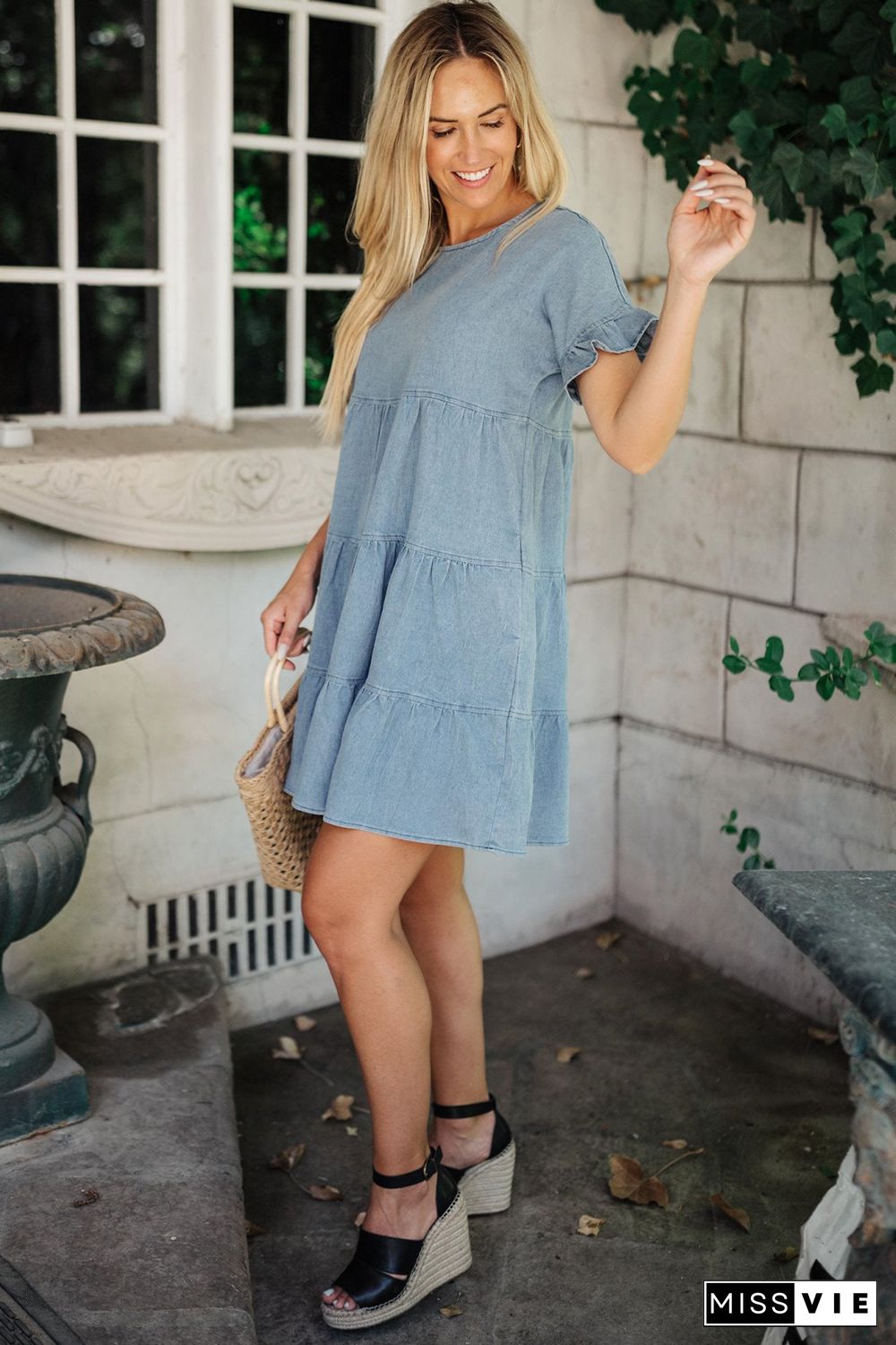 Sky Blue Ruffled Short Sleeves Tiered Denim Dress