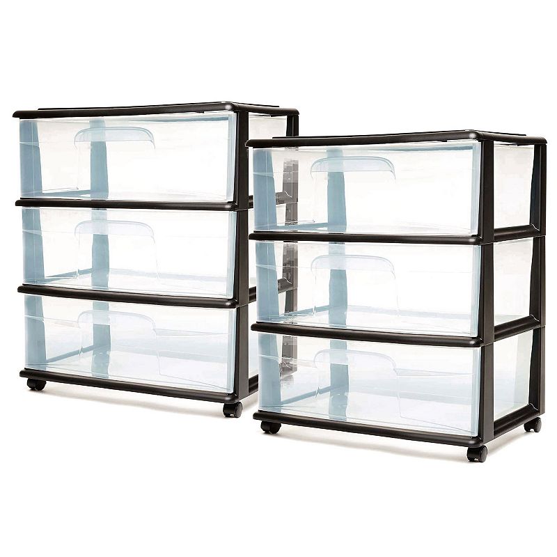 Homz Tall Solid Plastic 3 Drawer Medium Storage Cart With Wheels， Black (2 Pack)