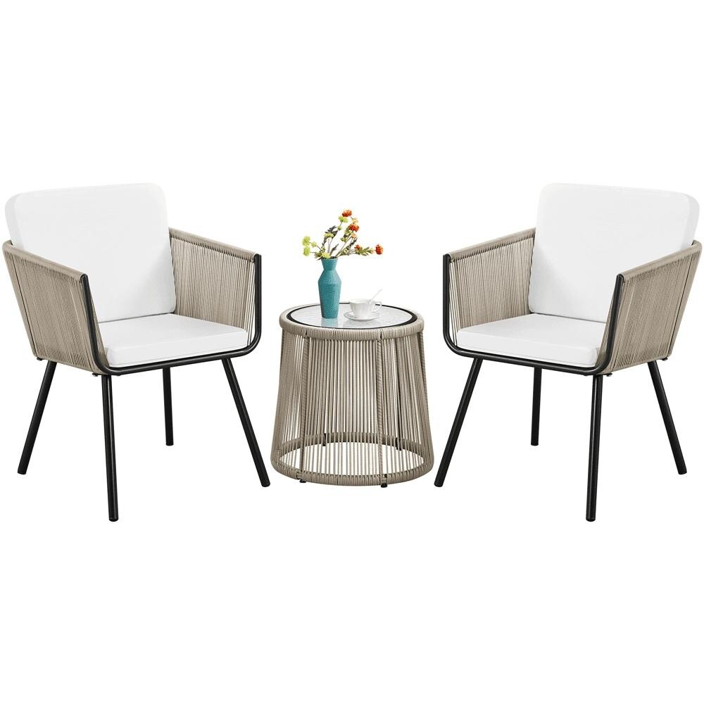 3-Piece Outdoor Metal Frame Wicker Bistro Set with 2 Chairs and Tempered Glass Tabletop， Tan - Overstock - 37181350