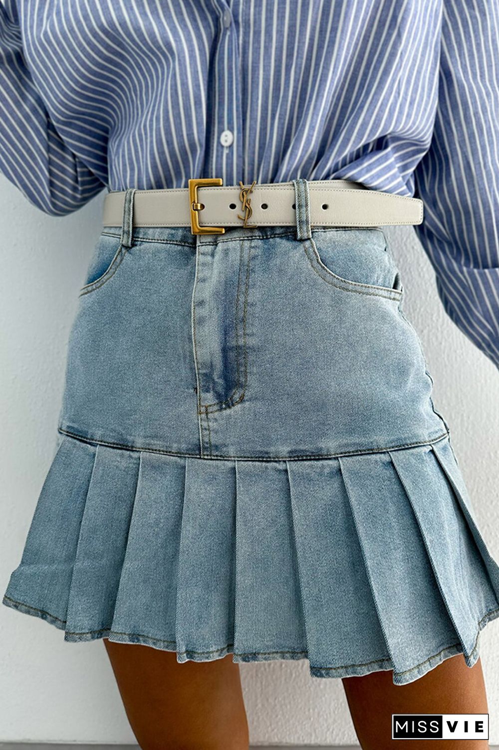 Pleated Short Denim Dress Skirt