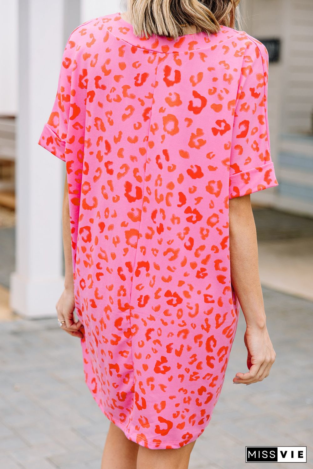 Pink Leopard Print V Neck Shift T-shirt Dress